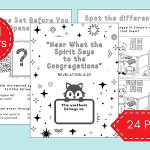 May include: A black and white workbook for children aged 6-11 years old. The cover features the text "Hear What the Spirit Says to the Congregations" and a cute fox illustration. Includes 24 pages of activities and questions.