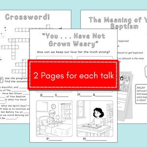 May include: A collection of black and white activity pages, including a crossword puzzle, fill-in-the-blanks, and true/false questions. The pages are titled "Crossword!" and "The Meaning of Your Baptism". A red banner reads "2 Pages for each talk".