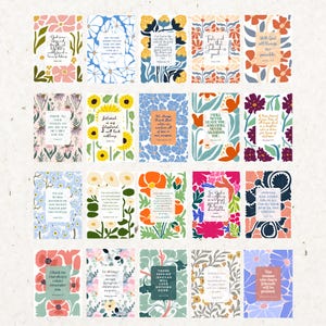 Pode incluir: Uma coleção de 20 cartões com temas florais e citações inspiradoras. Cada cartão apresenta um design floral único em várias cores, incluindo rosa, azul, amarelo e laranja. Os cartões têm texto em uma variedade de fontes.