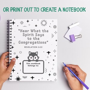 May include: A spiral-bound notebook with a black and white cover featuring the text "Hear What the Spirit Says to the Congregations" and a fox illustration. The notebook includes a space to write "This workbook belongs to:" and is accompanied by a purple pen.