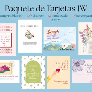 Pode incluir: Um conjunto de oito cartões imprimíveis de 5x7 polegadas com temas inspiradores. Os cartões apresentam vários designs, incluindo arranjos florais, uma preguiça e frases encorajadoras em espanhol. Download instantâneo.