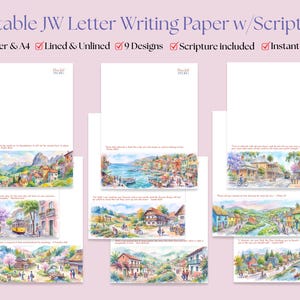 Könnte beinhalten: Druckbares JW-Briefpapier mit Schriftstellen. Das Bild zeigt mehrere Blätter weißes Papier mit Aquarell-Landschaftsillustrationen am unteren Rand. Der Text oben lautet "Printable JW Letter Writing Paper w/ Scriptures".