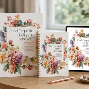 May include: Two spiral-bound notebooks and a tablet display the text "Find Exquisite Delight in Jehovah" and "Psalm 37:4" alongside "2026-2027 CIRCUIT ASSEMBLY PROGRAM WITH BRANCH REPRESENTATIVE" surrounded by watercolor-style pink, purple, and orange flowers.