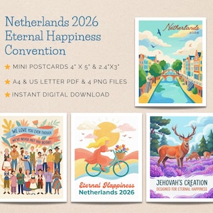 Op de afbeelding: Digitale ansichtkaarten voor de Eternal Happiness Convention 2026 in Nederland. De ansichtkaarten bevatten illustraties van Nederlandse landschappen, mensen en natuurscènes. Met tekst: "WE LOVE YOU EVEN THOUGH WE'VE NEVER MET YOU BEFORE!" en "JEHOVAH'S CREATION".