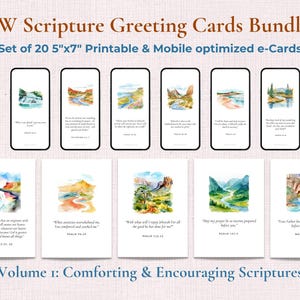 May include: A bundle of 20 printable and mobile-optimized greeting cards featuring watercolor landscape illustrations and scripture text. The cards measure 5 inches by 7 inches and are titled JW Scripture Greeting Cards Bundle Volume 1.