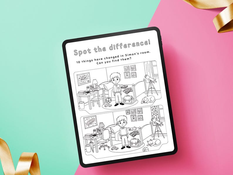 May include: A black tablet displays a black and white "Spot the difference" puzzle. The puzzle shows two nearly identical illustrations of a boy's room with minor differences. Text at the top reads "Spot the difference!" and "10 things have changed in Simon's room. Can you find them?"
