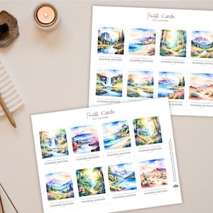 Puede incluir: Dos hojas de tarjetas imprimibles con pinturas de paisajes en acuarela. Cada tarjeta presenta una escena diferente, incluyendo montañas, cascadas y bosques. El texto "Printable Cards" y "2 x 3.5 pulgadas" está impreso en la parte superior de las hojas.
