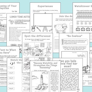May include: A collection of black and white activity pages, likely for children. The pages feature various activities, including coloring, mazes, and matching games. Titles include "The Meaning of Your Baptism" and "Become Watchful, and Strengthen the Things Remaining."