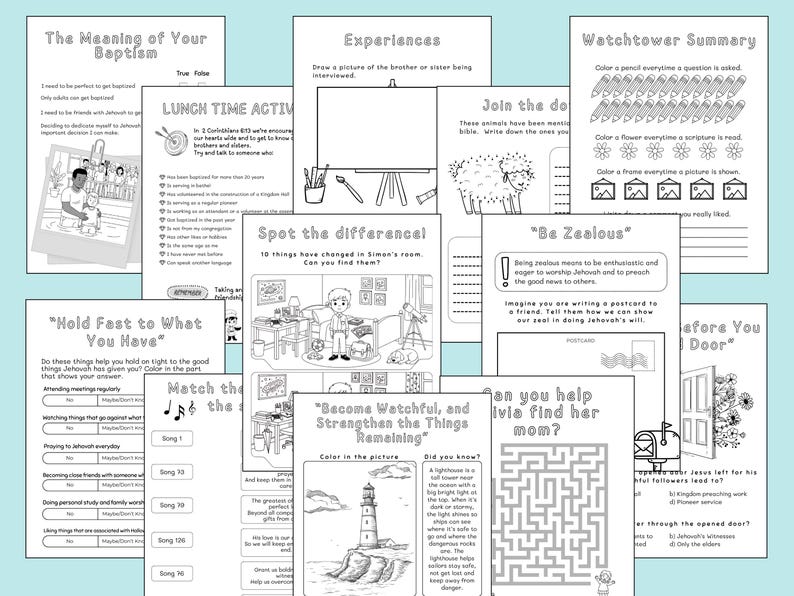 May include: A collection of black and white activity pages, likely for children. The pages feature various activities, including coloring, mazes, and matching games. Titles include "The Meaning of Your Baptism" and "Become Watchful, and Strengthen the Things Remaining."