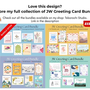 May include: A promotional image showcasing JW Greeting Card Bundles. The image features various card designs with floral and landscape illustrations. Text includes "Love this design?" and "Explore my full collection of JW Greeting Card Bundles!"