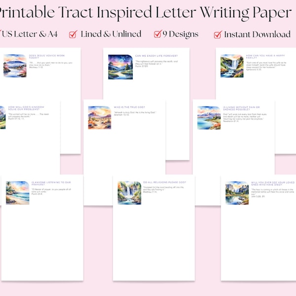 Juego de papel para escribir cartas JW Tracts, 9 diseños, papelería imprimible, regalo para el ministerio cristiano, descarga digital en PDF