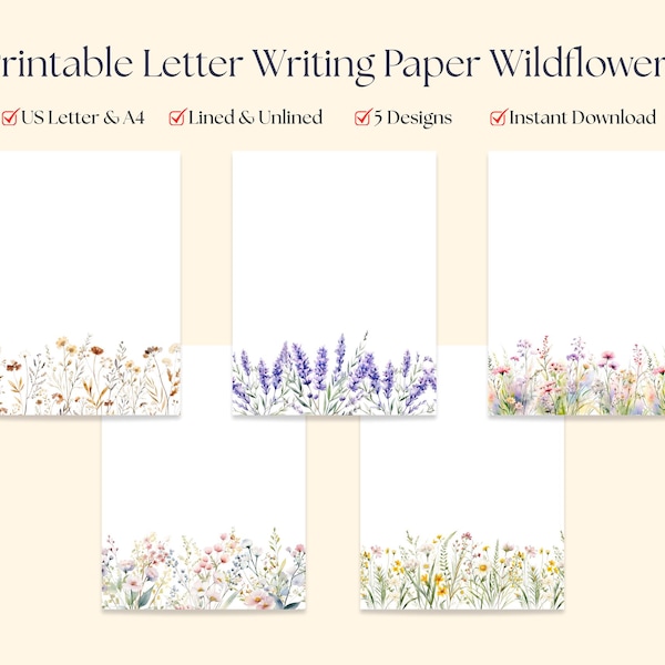Juego de papel para escribir cartas de los Testigos de Jehová, 5 diseños de flores silvestres, papelería imprimible de los Testigos de Jehová, hojas de escritura cristianas, descarga digital en PDF.