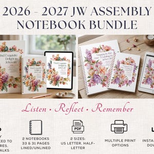 May include: A 2026-2027 JW assembly notebook bundle featuring two spiral-bound notebooks and a digital tablet display. The covers are decorated with watercolor floral arrangements and the text Find Exquisite Delight in Jehovah and Happy is the One Trusting in Jehovah. Includes icons for digital download, PDF format, and printing options.