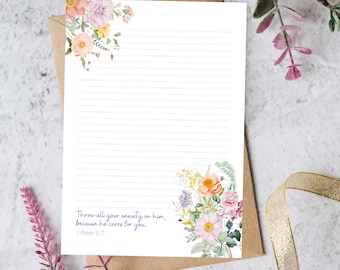 JW Briefpapier | Petrus 5,7 Briefpapier | Briefpapier für Ermutigung & Geistlichkeit | Florales Design