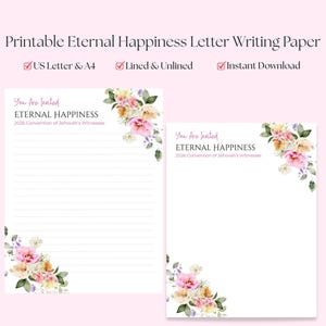 Peut inclure: Papier à lettres imprimable avec le texte "Eternal Happiness" et des motifs floraux d'angle. Le design comprend des versions lignées et non lignées, disponibles aux formats US Letter et A4. Le texte "You Are Invited" est également présent.