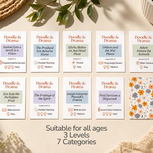 May include: A set of ten rectangular game cards titled Doodle & Drama, featuring various Bible stories like Ezekiel, The Prodigal Son, and Adam. Each card displays a colored background, difficulty level, and category icon. One card has a floral pattern.
