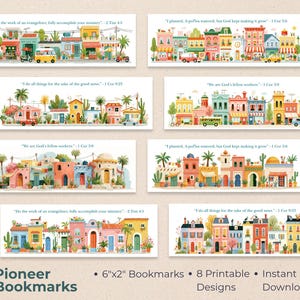 May include: Eight rectangular bookmarks featuring colourful illustrations of town streetscapes with various architectural styles, lush greenery, and vehicles. Each bookmark includes a unique Bible verse printed in black text above the scene.