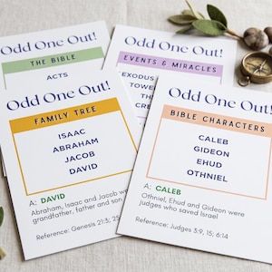 Puede incluir: Un conjunto de cuatro tarjetas de juego rectangulares blancas tituladas Odd One Out! que presentan categorías como Family Tree y Bible Characters con texto azul, bordes de colores y respuestas impresas con referencias bíblicas para cada reto.