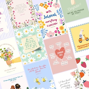 May include: A collection of colorful greeting cards with various designs and inspirational quotes. Floral patterns, illustrations of an alpaca on a scooter, and text like "Jehovah loves you" are featured. The cards are arranged on a light background.