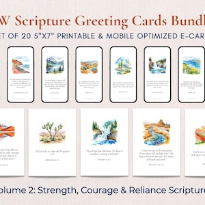 Può includere: Un set di 20 biglietti d'auguri stampabili e ottimizzati per dispositivi mobili con paesaggi ad acquerello e testi biblici JW. Il set include biglietti da 5x7 pollici e e-card digitali, intitolato Volume 2: Strength, Courage & Reliance.