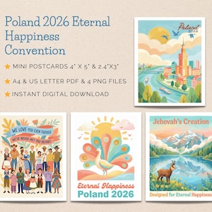 Könnte beinhalten: Eine Sammlung digitaler Postkarten mit Illustrationen. Die Postkarten werben für den "Polen 2026 Eternal Happiness Convention". Die Bilder zeigen eine Stadt, eine Gruppe von Menschen, einen Pfau und eine Berglandschaft. Die Postkarten sind 10,16 cm x 12,7 cm und 6,1 cm x 7,62 cm groß.