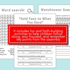 May include: A collection of printable activity sheets for children, featuring a word search, a Watchtower summary, and interactive questionnaires. The sheets are designed to help children learn and remember key points.
