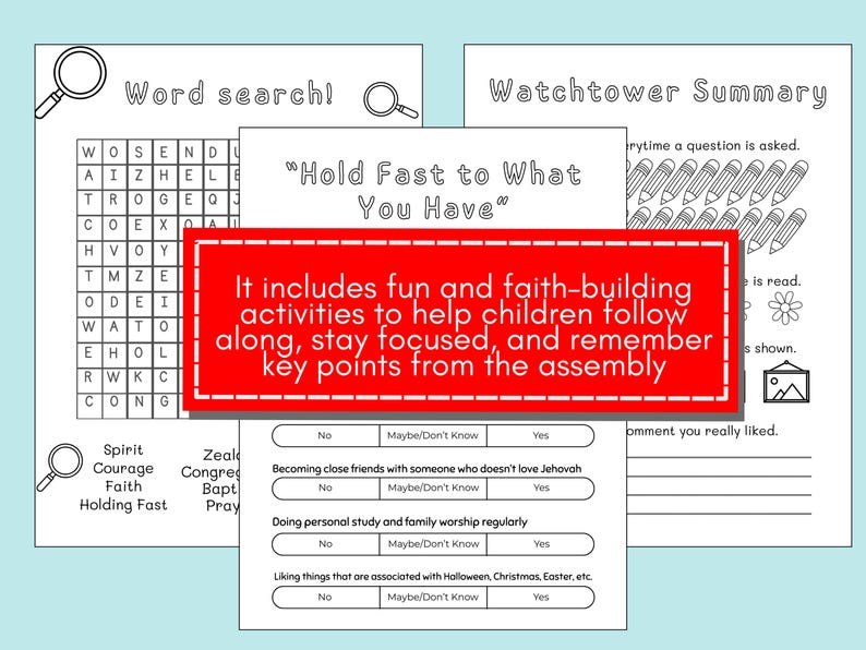 May include: A collection of printable activity sheets for children, featuring a word search, a Watchtower summary, and interactive questionnaires. The sheets are designed to help children learn and remember key points.