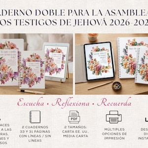 May include: A set of spiral-bound notebooks and digital tablet displays featuring floral illustrations and Spanish text. The notebooks include pages with and without lines, and the digital assets are available in US Letter and half-letter sizes for printing.