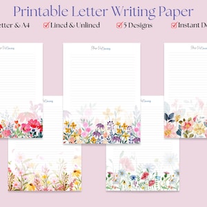 Może przedstawiać: Drukowany papier do pisania listów z kwiatowymi wzorami. Obraz przedstawia opcje papieru A4 w linie i bez linii. Papier ma akwarelowe kwiatowe obramowania w różnych kolorach, w tym różowym, czerwonym, żółtym i fioletowym.