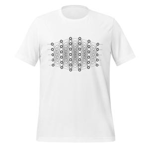 May include: White t-shirt featuring a black and white graphic of a neural network diagram. The design shows interconnected circles and lines, representing data processing. The shirt is a short-sleeved, casual wear item.