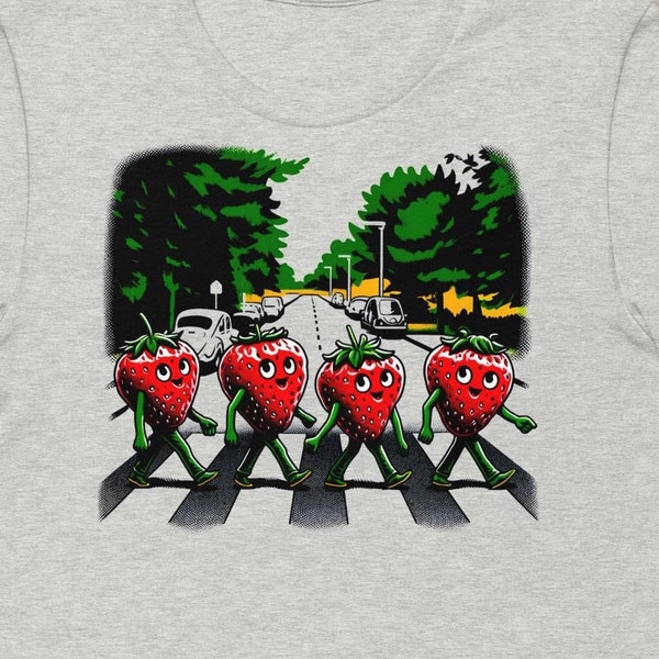 Abbey Road Strawberry Parody T-Shirt – Beatles Inspired Crossing Graphic Tee – Funny Fruit Music Band Shirt – Unique Unisex Gift Idea