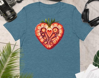 Strawberry Heart Tee - Botanical Love Design Shirt, Eco-Friendly Unique Gardening Fashion, Ideal Gift for Plant Lovers & Environmentalists