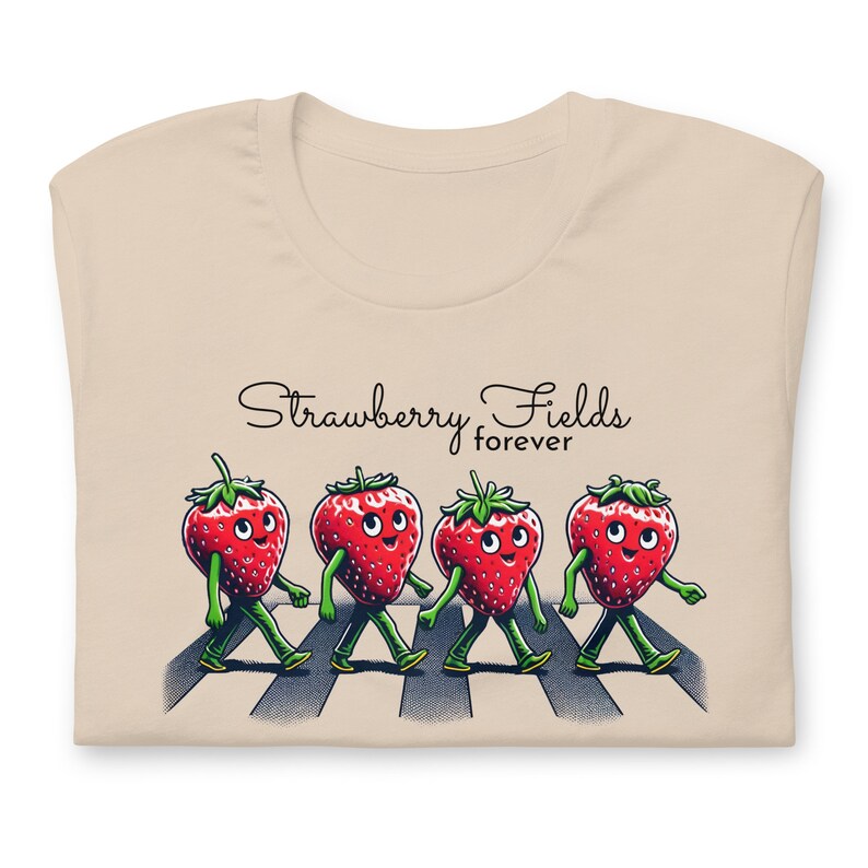 Strawberry Tee - Forever Fields Road Graphic Shirt, Iconic Abbey Crosswalk Design, Music Era Inspired, Fruit Fun, Unisex T-Shirt Men Women