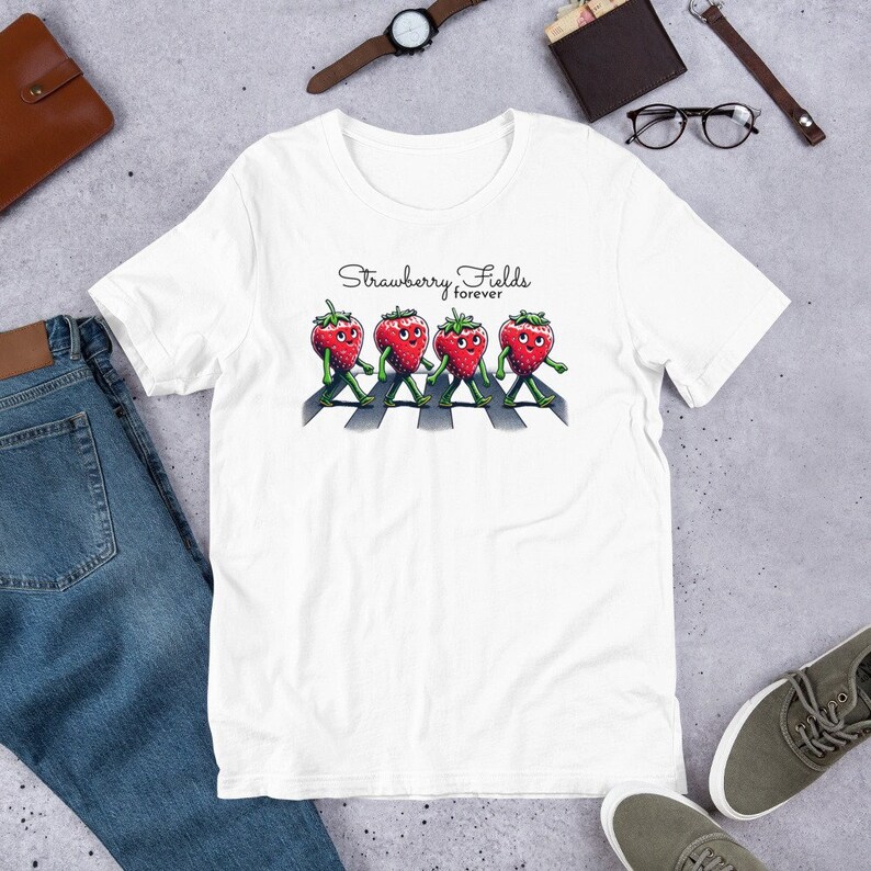 Strawberry Tee - Forever Fields Road Graphic Shirt, Iconic Abbey Crosswalk Design, Music Era Inspired, Fruit Fun, Unisex T-Shirt Men Women