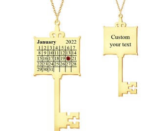 Personalized Key Birthday Calendar Necklace with Birthstone,Special Gift for Him/Her