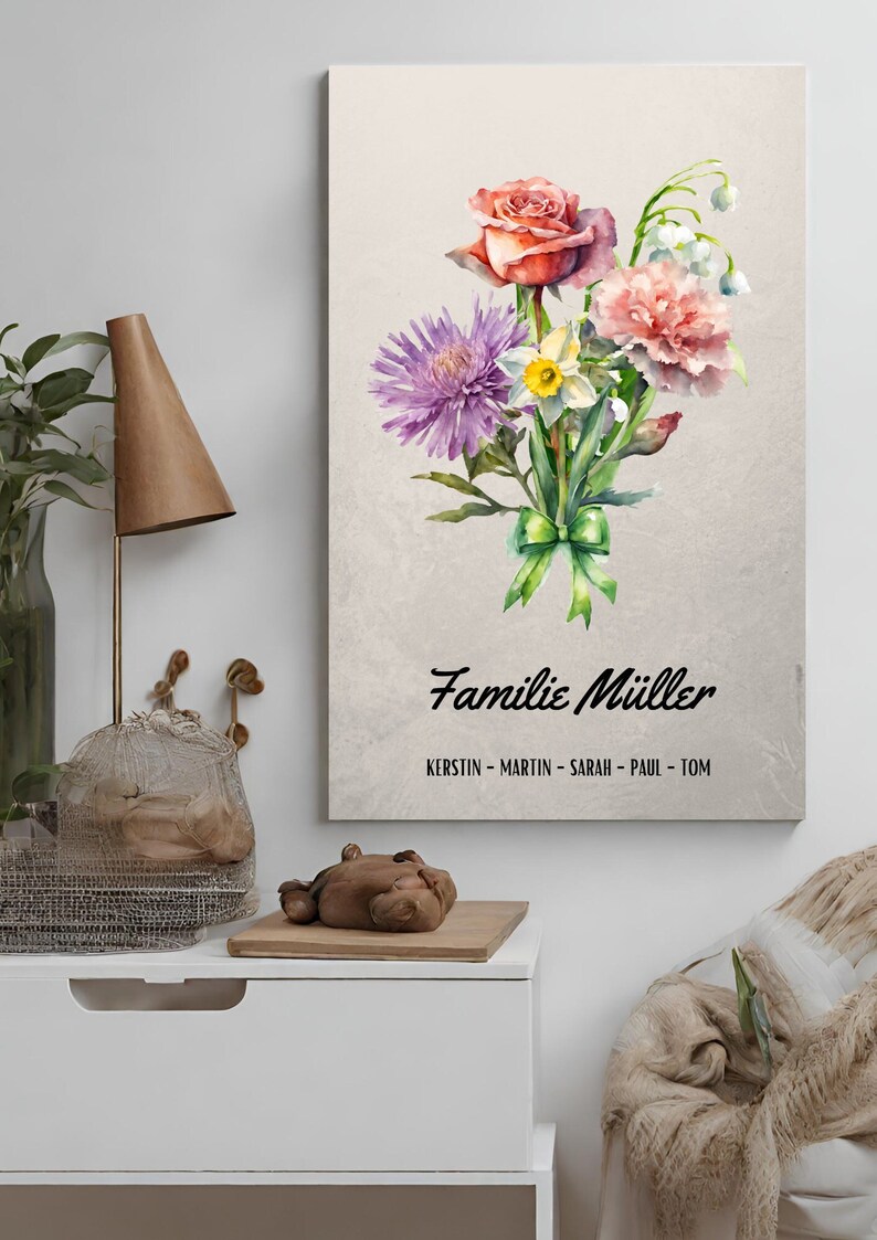 Leinwand über Tisch. Blumenstrauß, Geburtsblumen, Familienstrauß, Geschenk für Oma, Geschenk für Mama, Muttertag