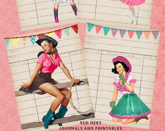Retro Cowgirl Library Card Set: Western Scrapbook Ephemera (Digital Download)