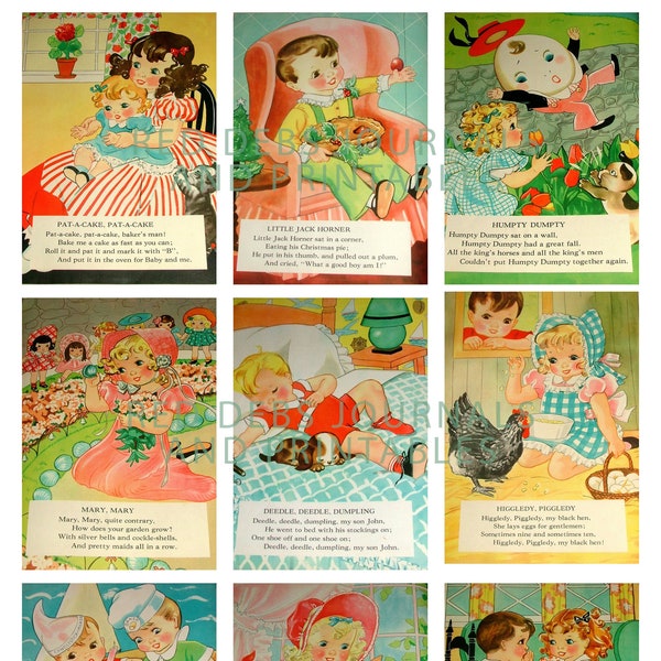 Vintage Nursery Rhymes Gift Tags - ATC - Digital Collage Sheet - Instant PDF/JPEG Download - Scrapbooking - Crafting - 300 dpi