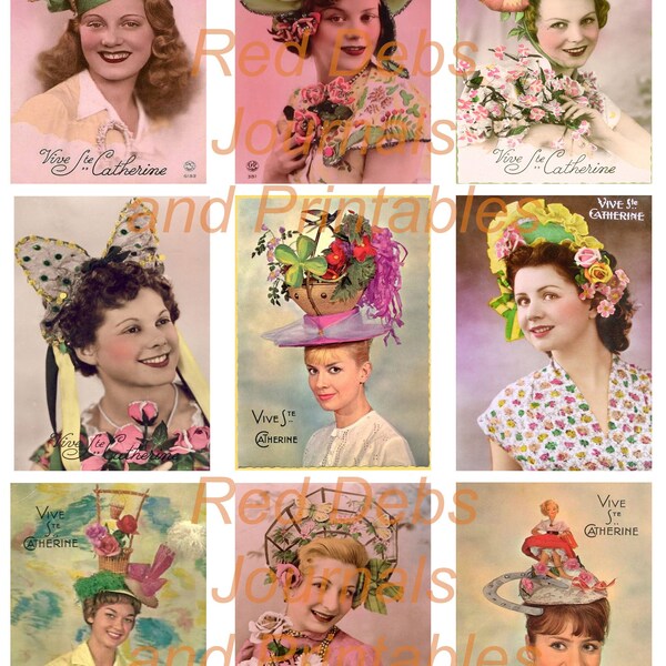 Vintage Women in Crazy Hats Tags - ATC - Digital Collage Sheet - Instant PDF/JPEG Download - Scrapbooking - Clip Art - 300 dpi