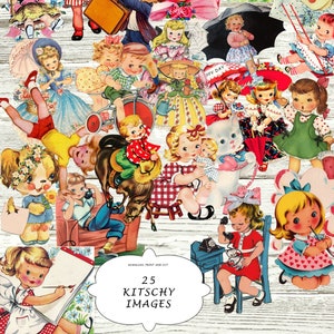 25 images clipart vintage kitsch pour le scrapbooking, les journaux indésirables, la fabrication de cartes, les feuilles de collage PDF et JPEG, découpées et imprimées en téléchargement numérique