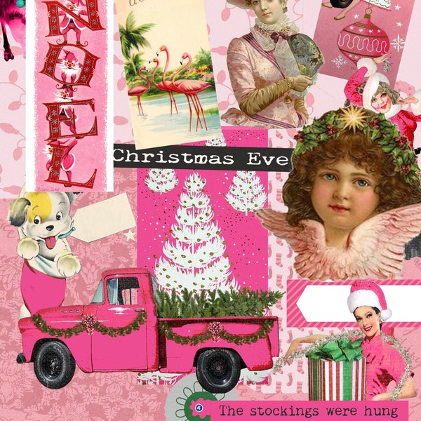Pink Christmas Ephemera Kit - 43 Piece Pink Christmas Clip Art - Retro Clip Art Christmas - Vintage Printables