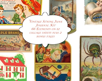 May include: A vintage sewing journal kit with 66 elements on 12 collage sheets plus 2 bonus pages. The image features antique needle books, a spool cotton tin, and a spider illustration. The color palette includes red, green, and blue.