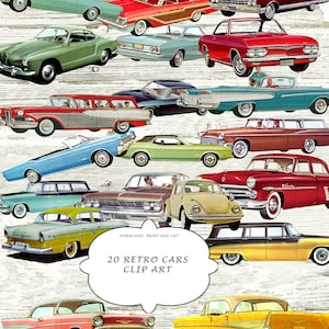 May include: A collection of 20 vintage car clip art images. The cars are in various colors, including red, blue, green, yellow, and black. The cars are all in different styles, including sedans, station wagons, and convertibles. The cars are all in a retro style, with rounded edges and chrome accents. The image is perfect for scrapbooking, card making, and other craft projects.