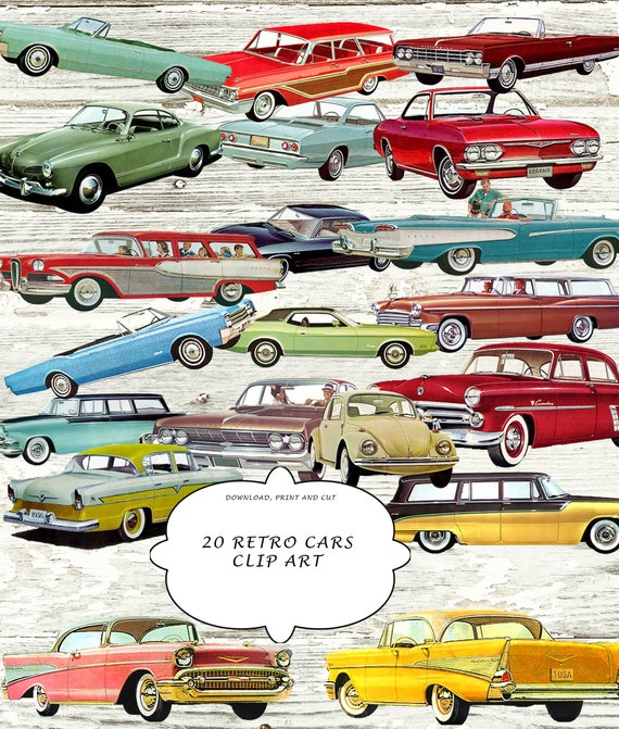 Retro Cars Clip Art: Vintage Car Printable Collage Sheets (PDF & JPEG)