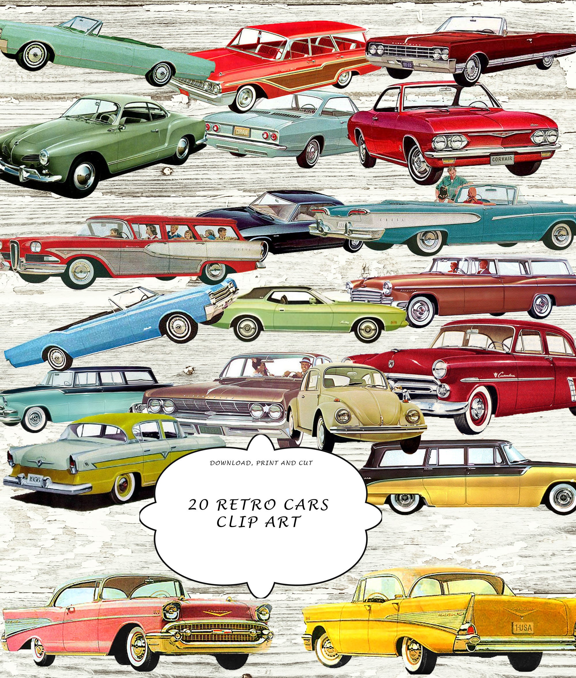 Retro Cars Clip Art: Vintage Car Printable Collage Sheets (PDF & JPEG ...