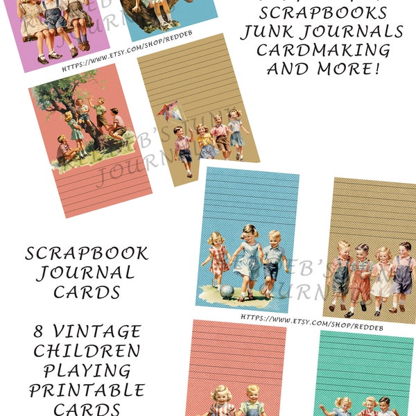 Scrapbooking Journal Cards Vintage Children Playing Instant Download Printables PDF and JPEG Collage Sheets Junk Journal Kit Digital Retro