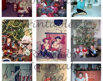 Op de afbeelding: Een collage van negen vintage kerstfoto's met kinderen, families en versierde kerstbomen. De foto's laten verschillende kersttradities zien, waaronder het uitpakken van cadeaus, het versieren van de boom en het genieten van feestelijke maaltijden.