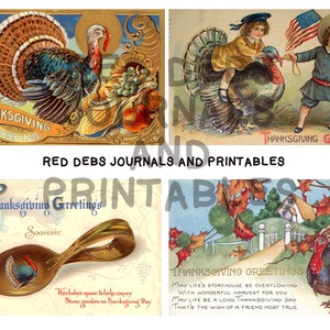May include: Four vintage Thanksgiving greeting cards featuring turkeys, children, and autumn scenes. The cards have a gold and red color scheme and feature the text "Thanksgiving Greetings".