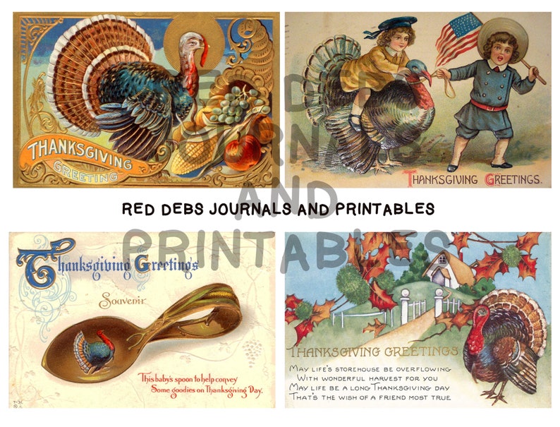 May include: Four vintage Thanksgiving greeting cards featuring turkeys, children, and autumn scenes. The cards have a gold and red color scheme and feature the text "Thanksgiving Greetings".