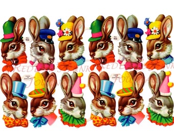 Bunny Rabbit Heads Clip Art Vintage Easter Digital Download PDF, JPEG and PNG